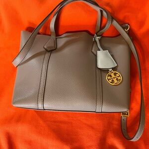 Tory Burch Small Perry Tote -grey heron with orange lining